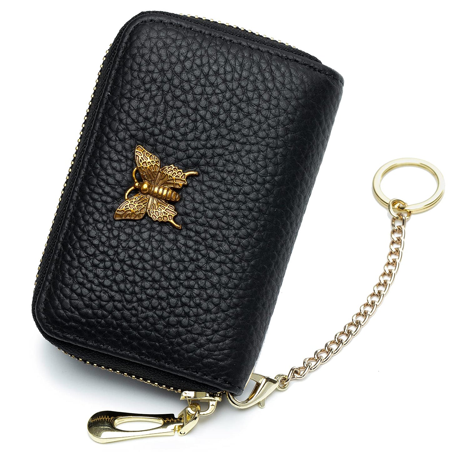 imeetu RFID Credit Card Holder for Women Genuine Leather Card Case Wallet with Zipper and Removable Keychain (Black)