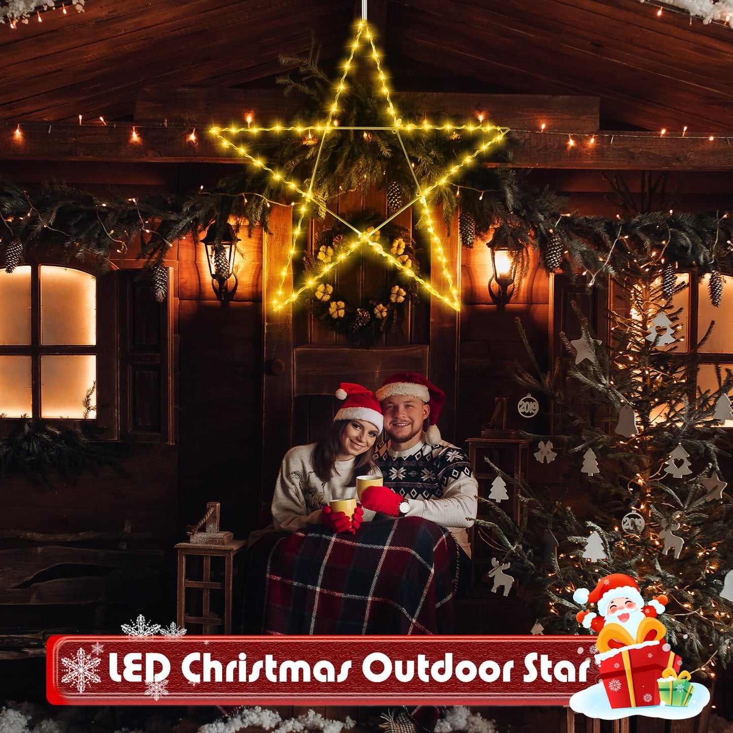 Retisee 32 Inch Large Lighted Christmas Star Warm White LED Xmas Outdoor Light up Star Motif for the Top Wall Hanging Christmas Home Indoor Outdoor Patio Porch Party Holiday Decor