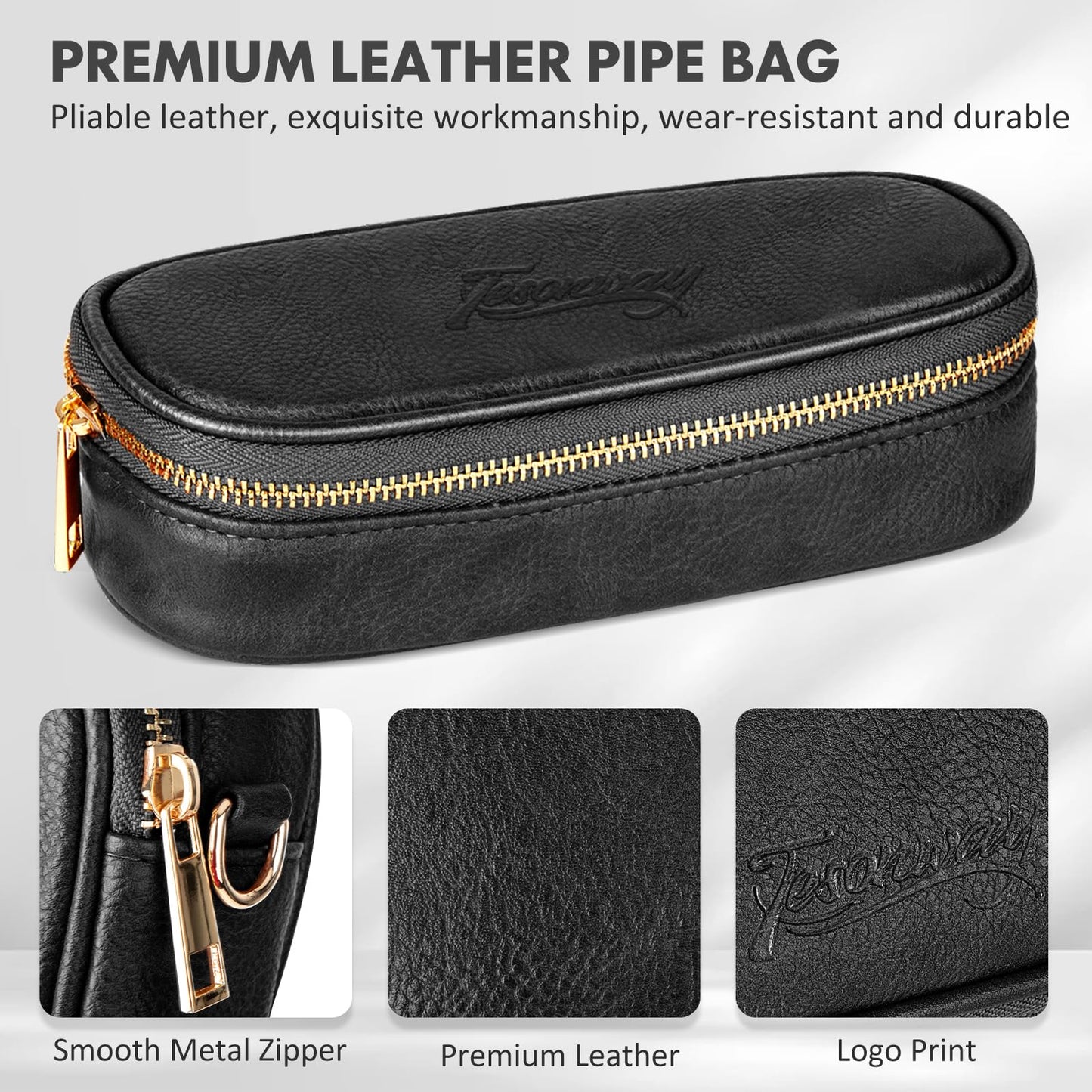 Tesonway Pipe Pouch, PU Leather Pipe Case/Pipe Bag for 2 Pipes and Pipe Cleaners, Screens, Tamper and Other Smoking Pipe Accessories, Pipe and Accessories Not Included (Black)