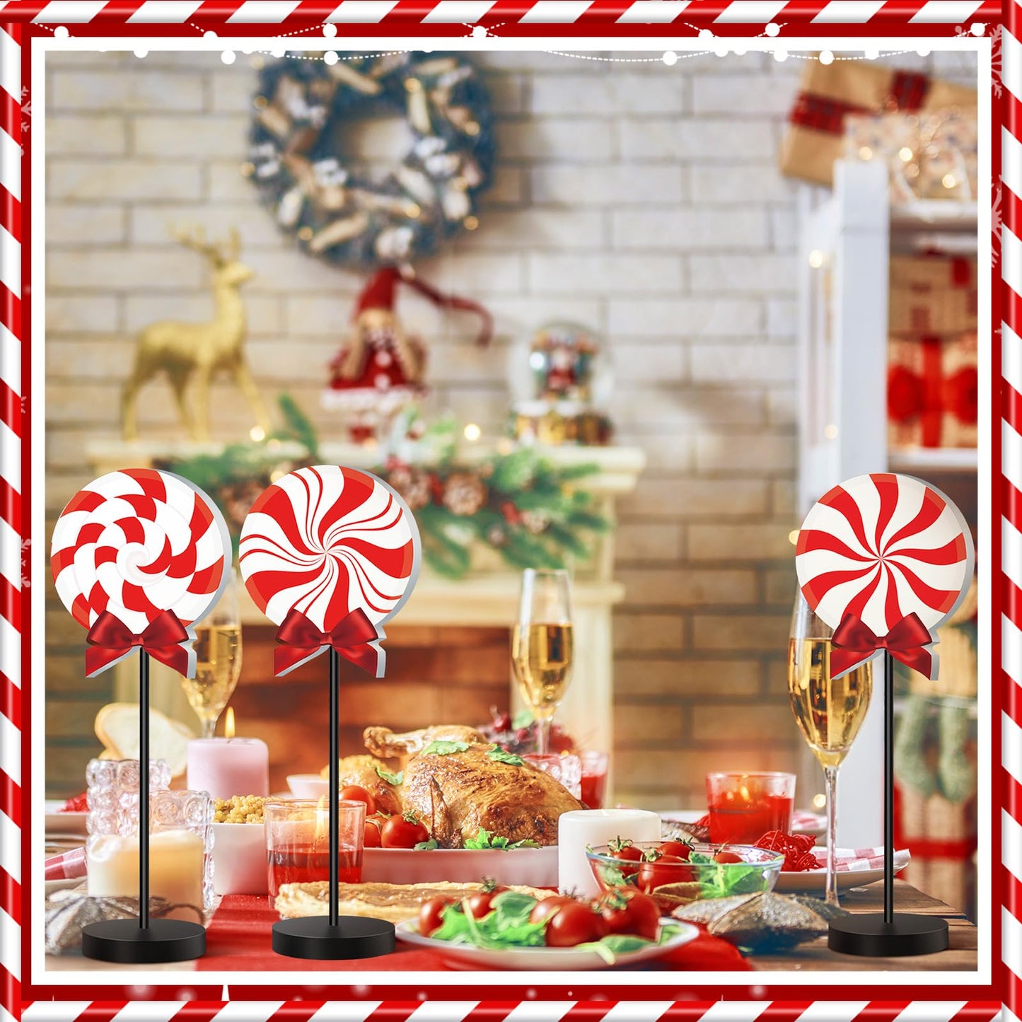 Geetery 6 Pcs Christmas Table Decorations Wood Candy Set Red Christmas Tiered Tray Decor Peppermint Tables Signs Home Decorations for Xmas Holiday Kitchen Table Top Decor(Red White,Classic)