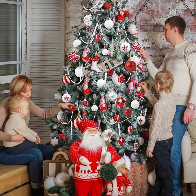 Ouddy Decor 84 Pcs Christmas Tree Ornaments Set, Red and White Christmas Decorations Shatterproof Plastic Glittery Baubles for Wreath Garland Wedding Party Holiday New Year Home Decor, Red & White