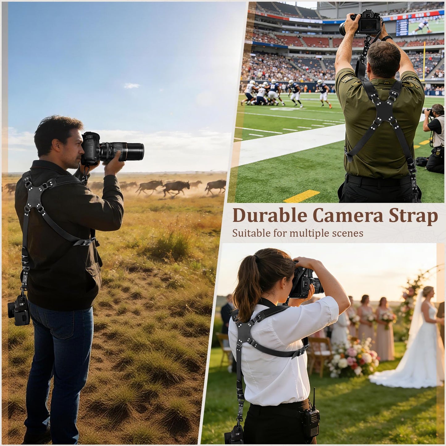 Jumyee Double Camera Harness for 2 Cameras, Adjustable Dual Shoulder Leather Camera Strap for DSLR/SLR(Black Leather)