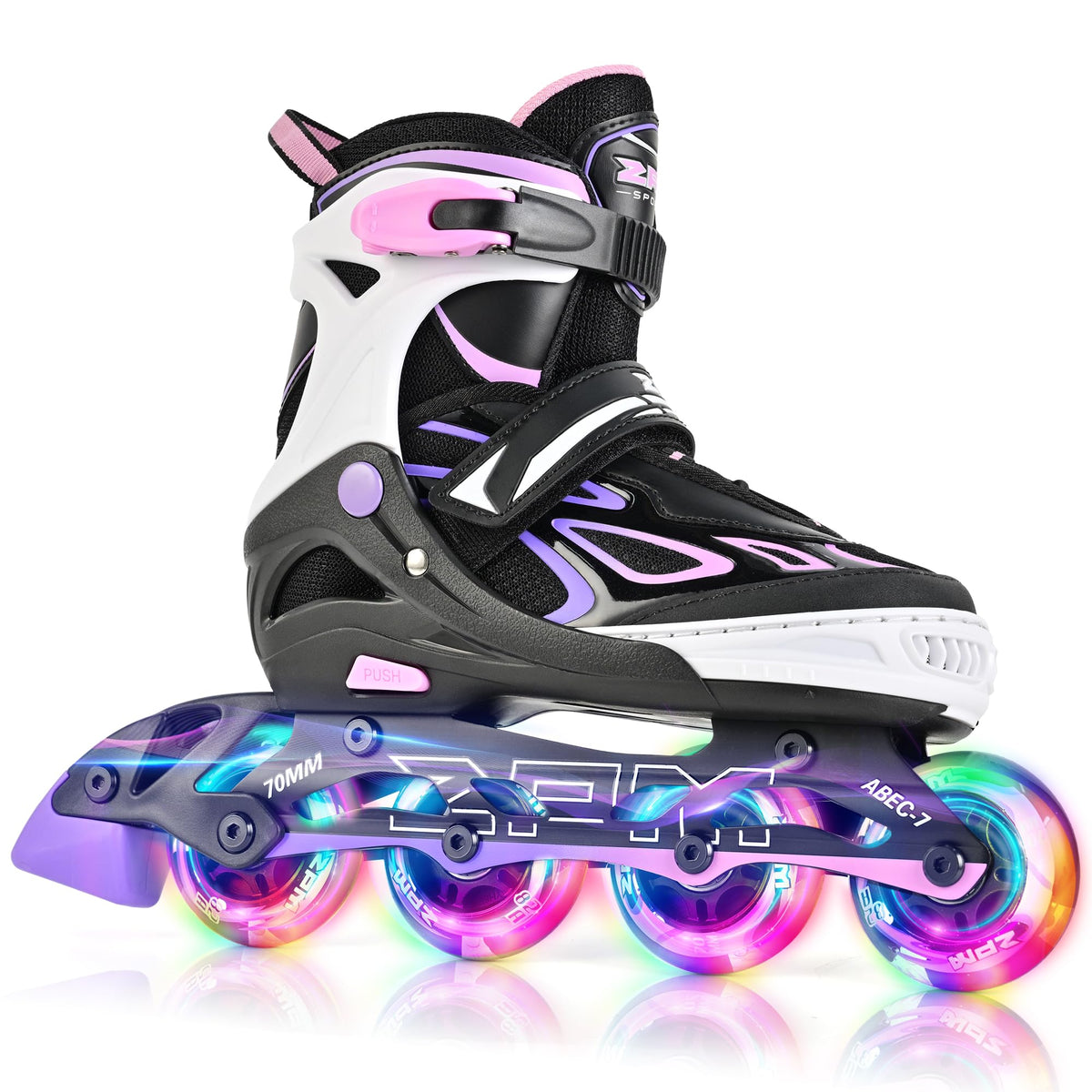 2PM SPORTS Vinal Inline Skates for Girls Boys Kids Ages 5-8 8-12 with Adjustable Illuminating Wheels, Inline Roller Skates for Youth Women Men - Purple Pink Extra Large