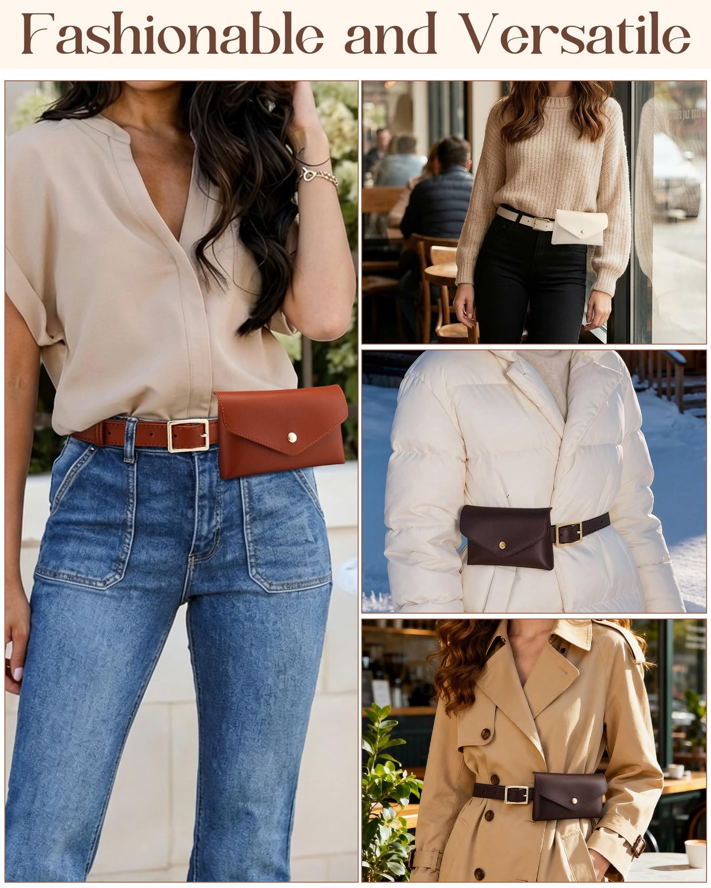 Shihanee 3 Pcs PU Leather Waist Belt Bags for Women Adjustable Fashion Mini Waist Pouch Equestrian Belt Bags for Fashion Party Riding Hiking Daily Use Y2k Accessory (Beige,Brown,Coffee)