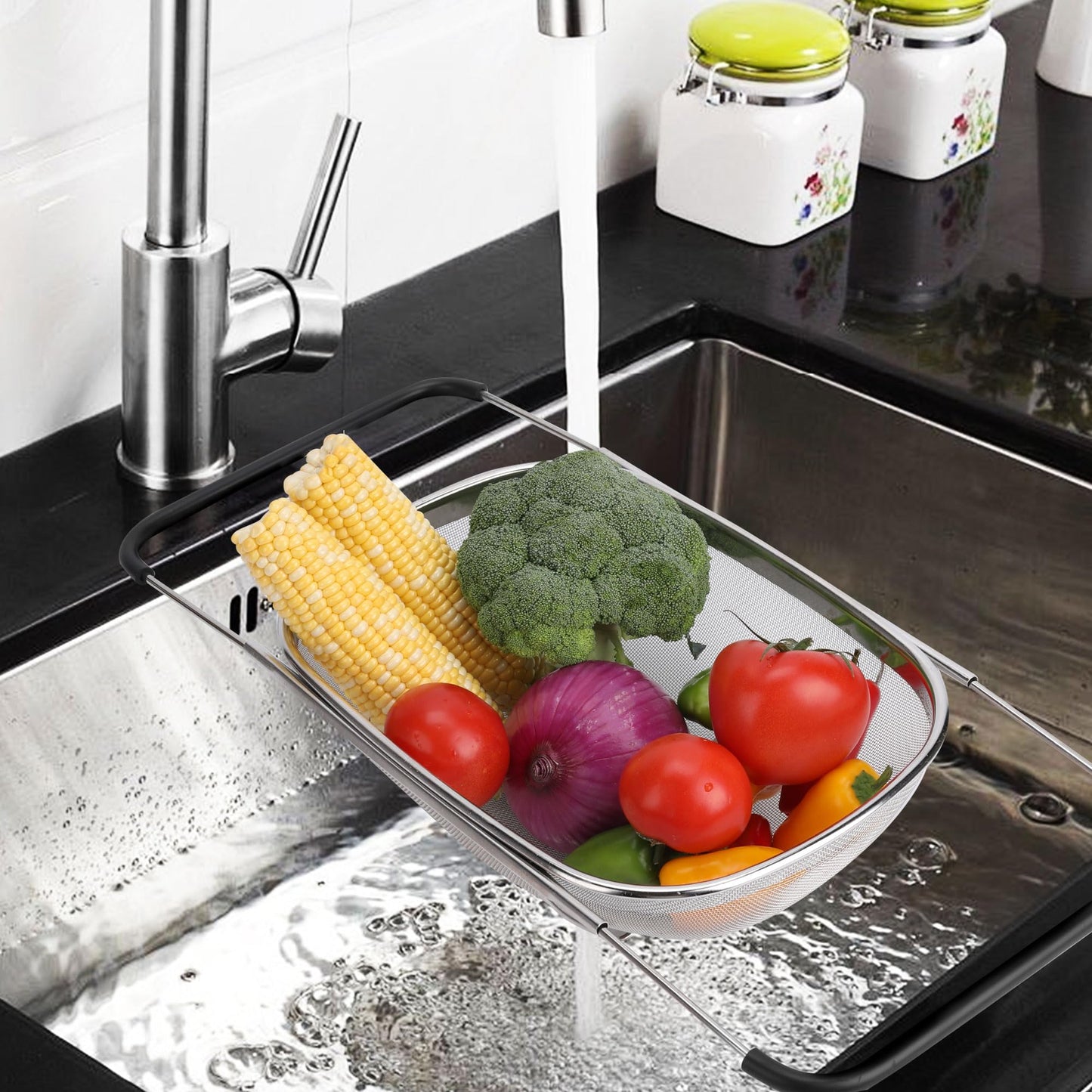 ZDRongZhen Kitchen Accessories Over the Sink Colander Strainer Basket，Stainless Steel Colander with Expandable Rubber Grip Sink Drainer-Rinse Vegetables Fruits &Strain&Drain (Large-Dense round hole)