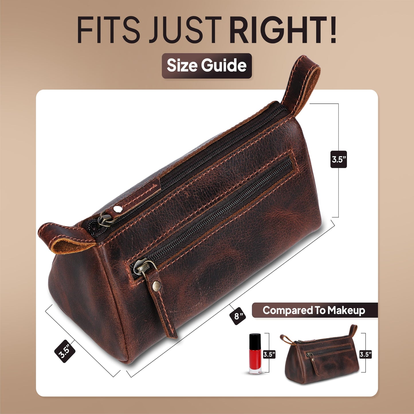 TheAntiq Leather Makeup Bag for Women – Genuine Leather Cosmetic Bag Travel, Handmade Zippered Makeup Pouch, Small Toiletry Bag, Shaving Kit & Stationery Organizer- Brown