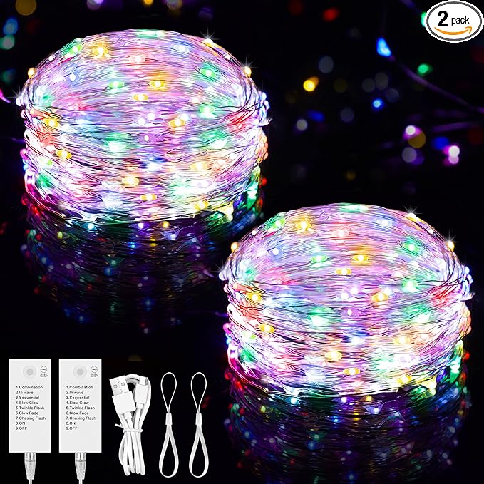 Mlambert LED Fairy Lights Battery Operated with Timer, Rechargeable Mini Twinkle Lights for Christmas Decor Holiday Party, 32.8FT(16.4x2), Multicolor