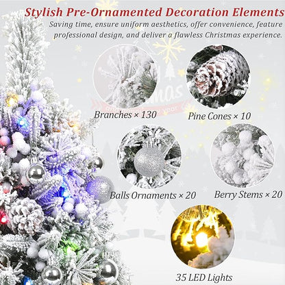 Set of 2 30 Inch Prelit Outdoor Christmas Trees, Artificial Battery Operated Snow Flocked Xmas Tree with Stake, Silver Berries, Pine Cones, Ball Ornaments, 8 Lighting Modes & Timer Included