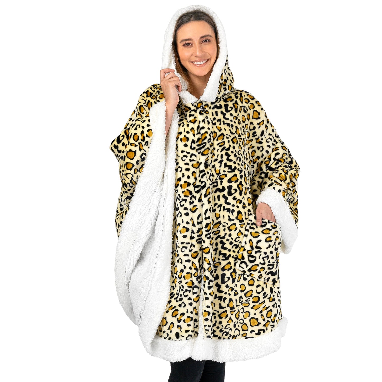PAVILIA Hooded Blanket Poncho, Women Sherpa Fleece Shawl Wrap with Hood, Wearable Blanket Cozy Warm Poncho Cape Throw with Pockets, Gift for Elderly Mom, Cheetah Yellow