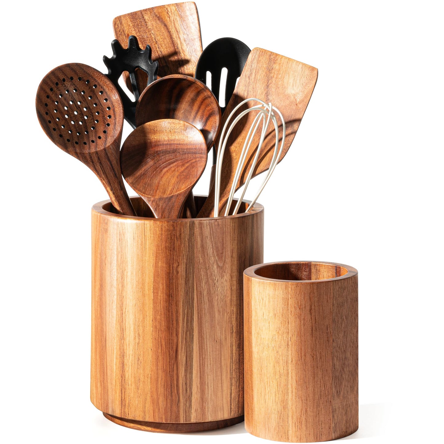 Criusia Utensil Holder 2 Pack, 360° Rotating Acacia Wood Cooking Utensil Crocks for Kitchen Counter, Farmhouse & Modern Decor, (1 Large,1 Small)