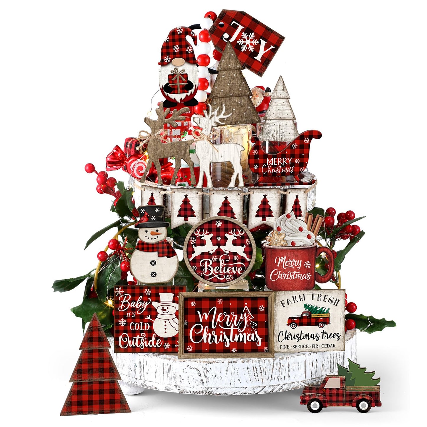 Shellwei 21 Pcs Christmas Tiered Tray Decor Set Wood Rustic Buffalo Plaid Christmas Decoration Winter Farmhouse Decor Xmas Trees Gnome Elk Snowflake Signs for Table Shelf Home Centerpiece (Plaid)