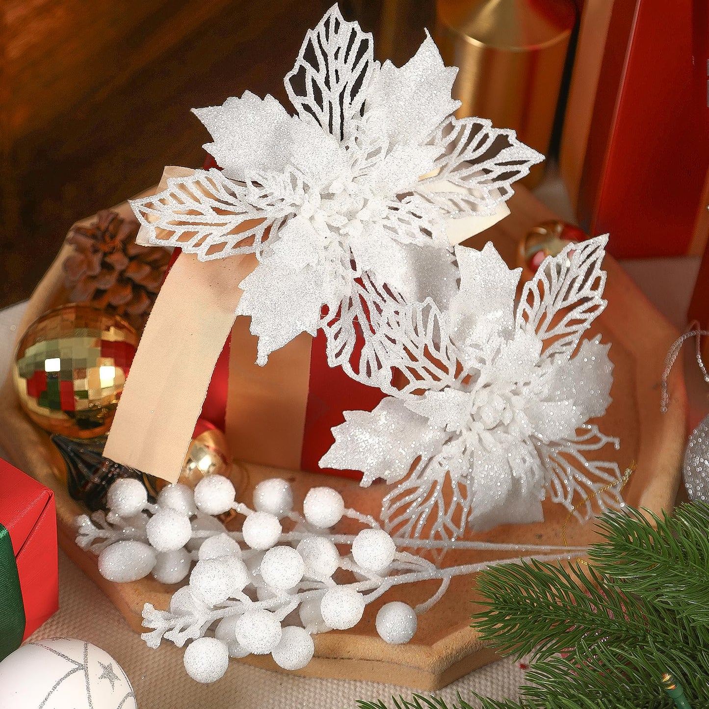 Alupssuc 24 Pcs Artificial Glitter Christmas Tree Picks, Boxed 12 Poinsettia Flowers+ 6 Berry Stems+ 6 Flowers Berry Leaves Decorations Set, Indoor Outdoor Holiday Ornaments Decor, White