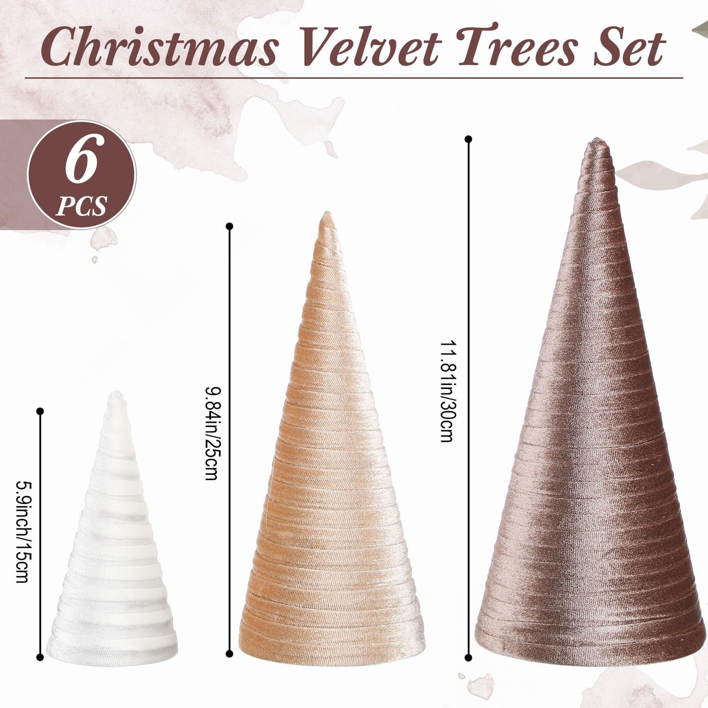 Hoolerry 6 Pcs Christmas Velvet Trees with Gold Pedestal Christmas Velvet Cones Tree Mantel Decor Modern Rustic Winter Home Minimalist for Holiday Entryway Table Wedding Centerpiece(Gold Brown)