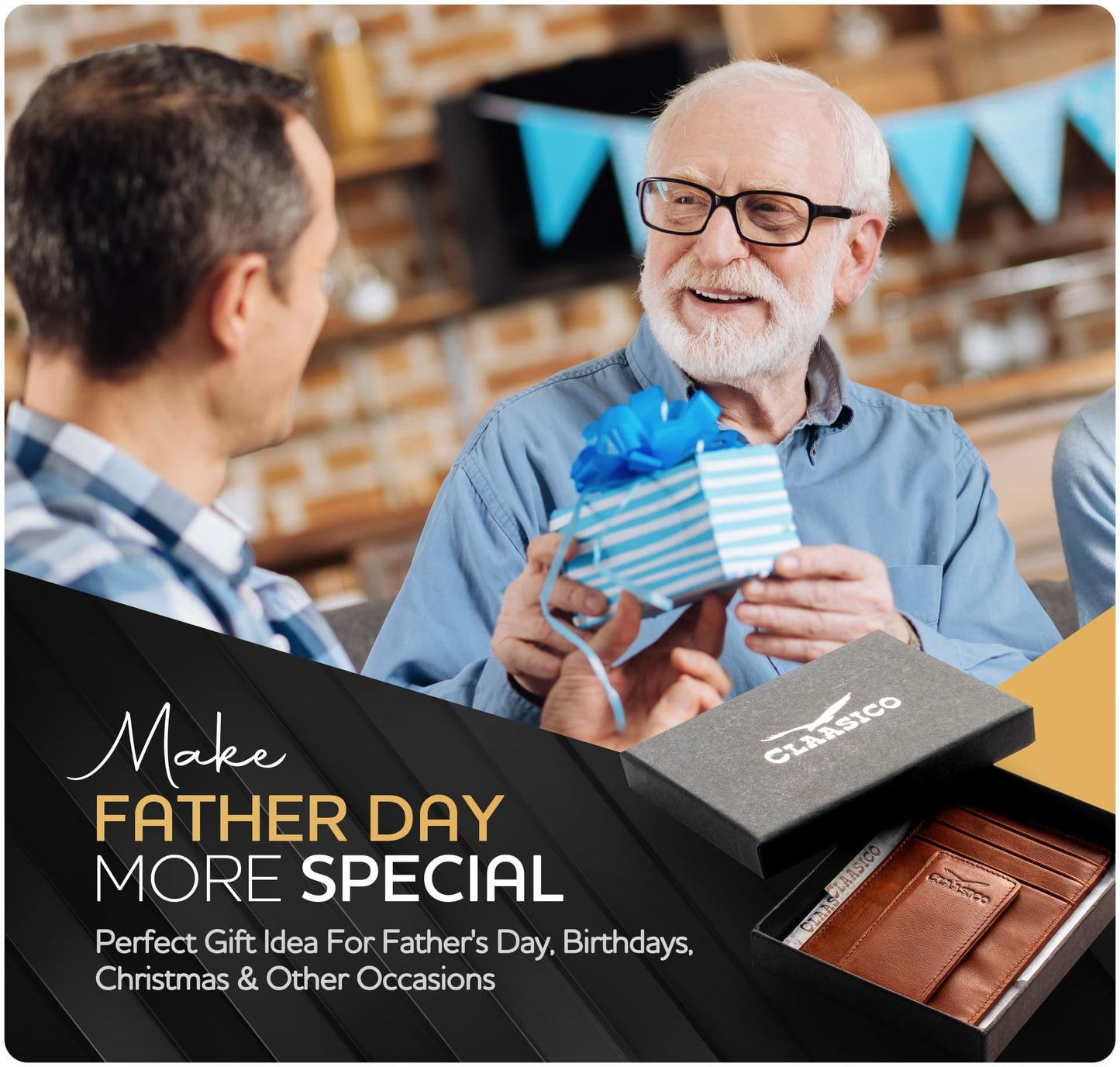 Claasico Men’s Leather Money Clip Wallet – Slim Front Pocket Wallet w/Super Strong Magnetic Clip, RFID Blocking, 5 Card Slots & Center Pocket + ID Window