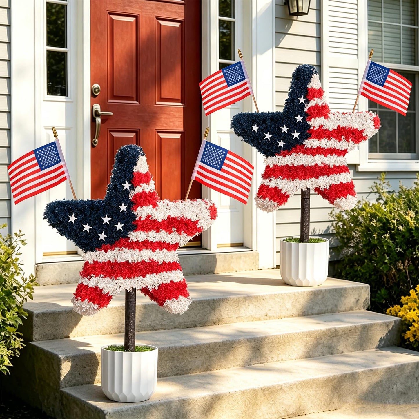 Chillchard 2 Pack Artificial Boxwood Star Patriotic Topiary Trees Outdoor