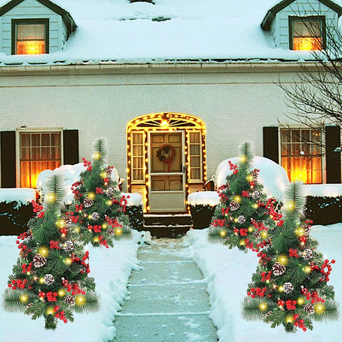 Prelit Artificial Christmas Trees Lights 17.2 Inch Solar Christmas Tree Pathway Lights with Stake Red Berries Pinecones Waterproof Xmas Urn Filler Solar Stake Lights Garden Decor(1Pcs/Solar Powered)