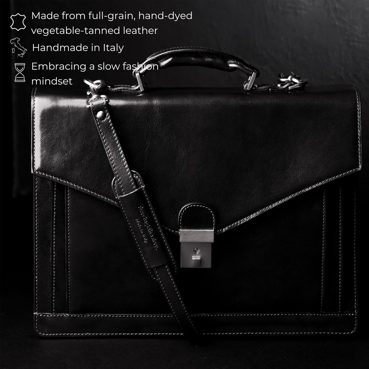 Time Resistance Leather Briefcase for Men - Business Laptop Bag - Italian Handmade Leather Bag - Attache - Gift Box Included (Black)