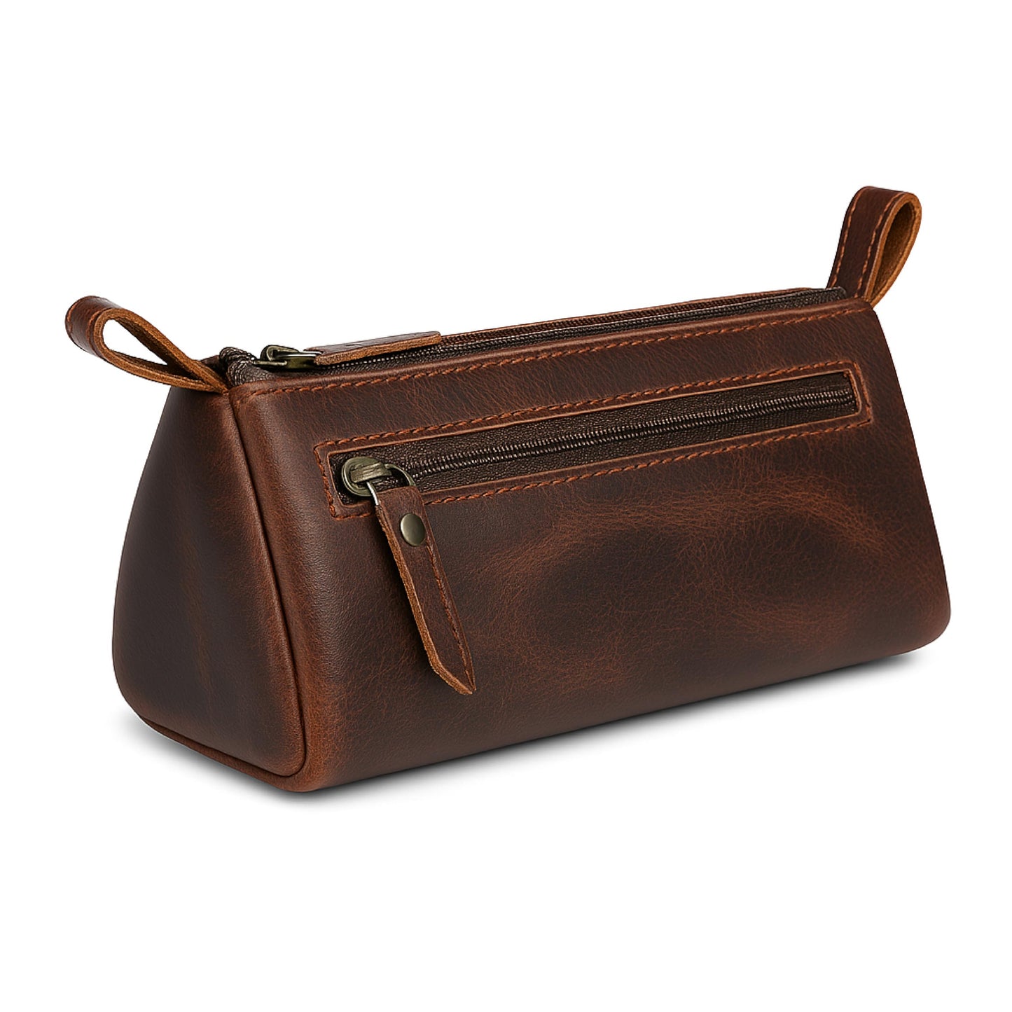 TheAntiq Leather Makeup Bag for Women – Genuine Leather Cosmetic Bag Travel, Handmade Zippered Makeup Pouch, Small Toiletry Bag, Shaving Kit & Stationery Organizer- Brown