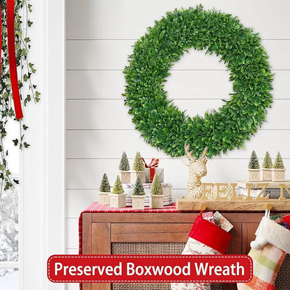 22 Inch Christmas Wreath Boxwood Wreath Realistic with Welcome Sign Faux Green Preserved Boxwood Wreaths Outdoor Spring Fall Winter Wreaths for Front Door Outside for Porch Farmhouse Wall Home Decor