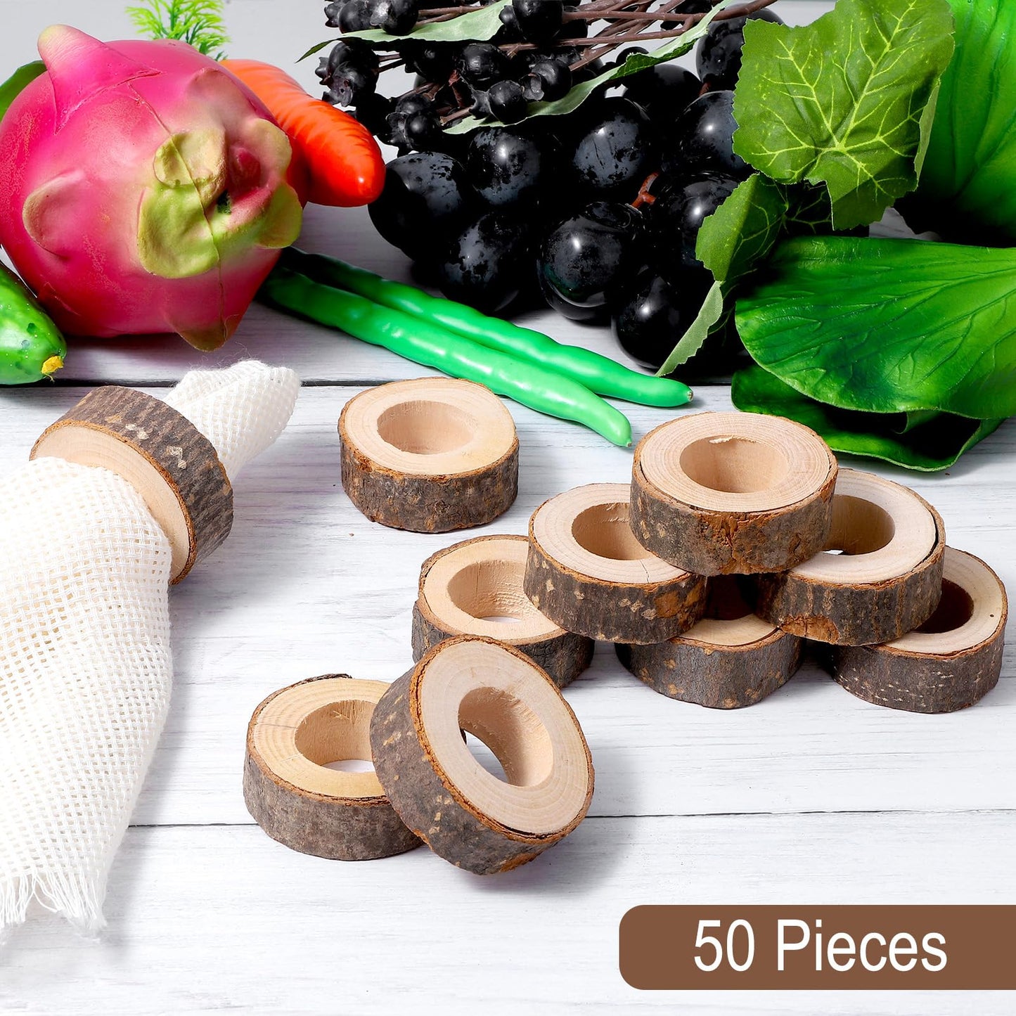 50 Pcs Wooden Bark Napkin Ring 1.18 Inch Handcrafted Wooden Napkin Holder Decorative Round Shaped Holders with Bark Edge Natural Design for Table Dining Parties Special Occasions Kitchen & Home Decor