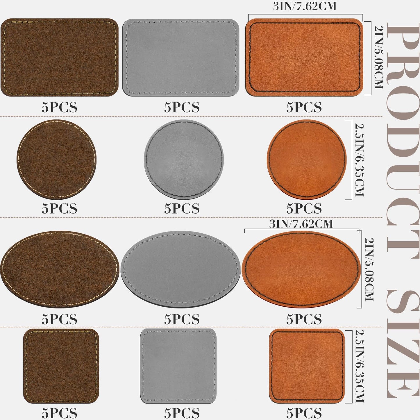 Dunzy 60 Pcs Blank Leatherette Hat Patches Laserable Leatherette Patch Iron on Heat Press with Adhesive Leather Patches for Hats Clothes Repair(Khaki, Golden Brown, Gray,3 x 2 Inches)