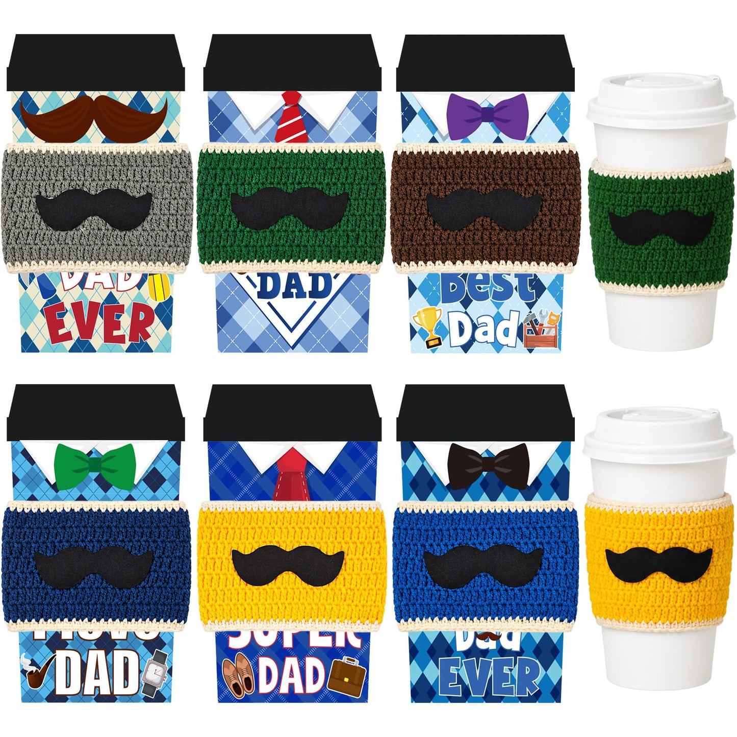 Cinrobiye Crochet Coffee Cup Sleeve Set, Father’s Day Gift Set for Dad and Grandpa, Reusable Knit Mug Cozy Covers 6 Pack with Appreciation Cards, Blue Coffee Cup Holder Gift