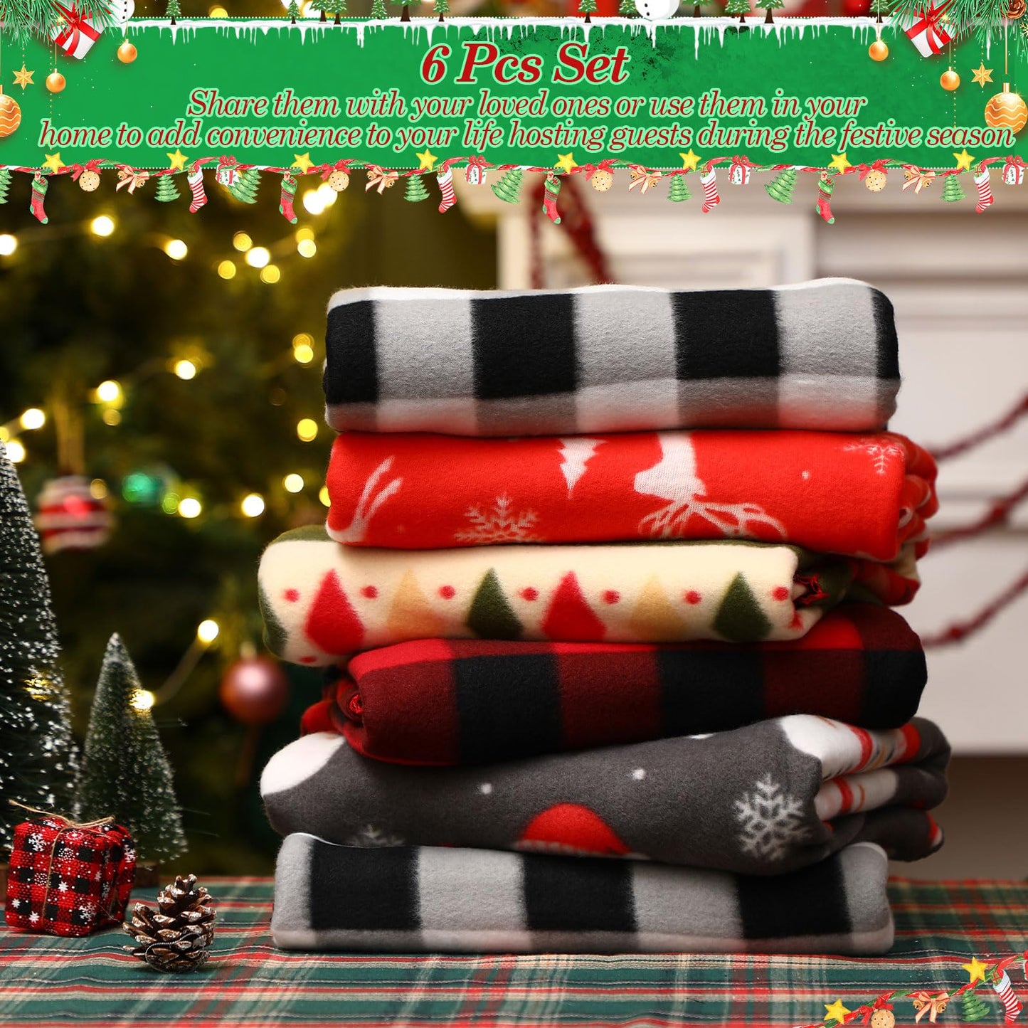 Preboun 6 Pcs 50 x 60 Inch Fleece Throw Blanket Bulk Printed Warm Throw Blanket for Couch Winter Travel Wedding Decorations Gifts (Christmas)