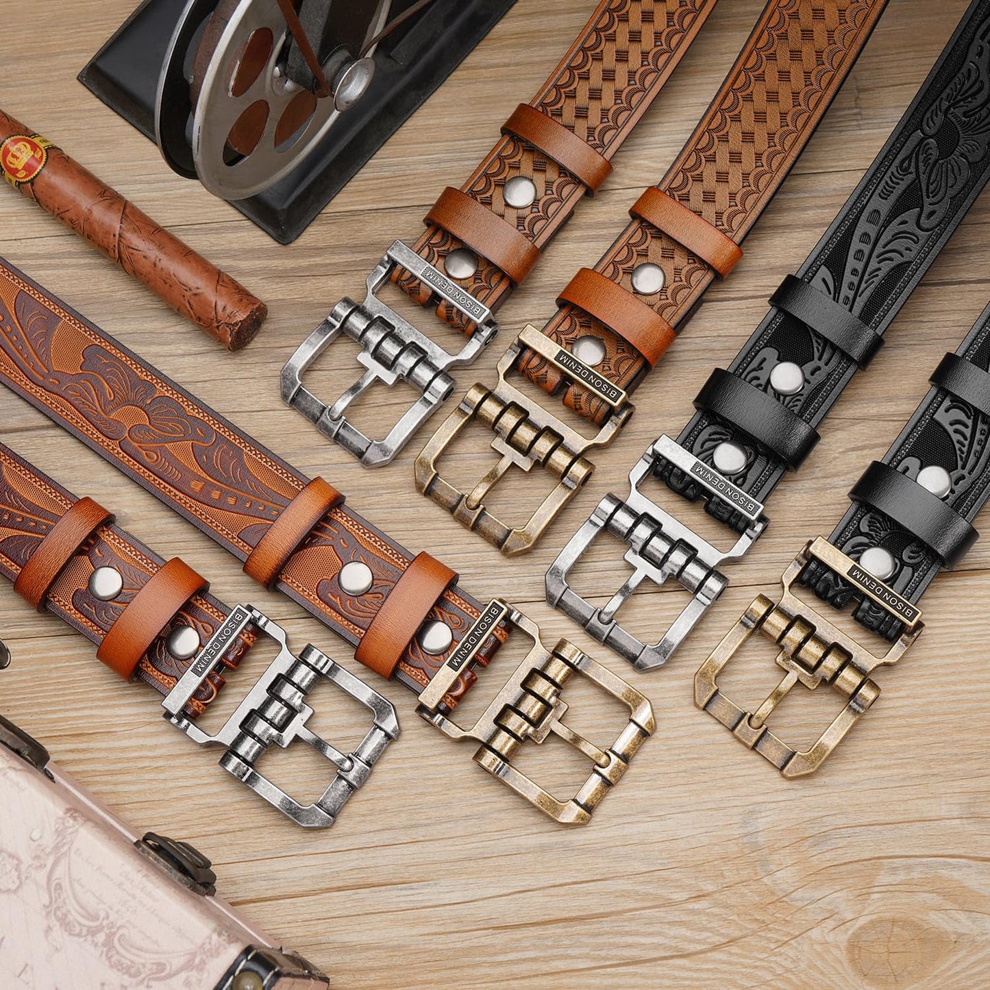 BISON DENIM Men's Genuine Leather Belt, Classic Western Cowboy Dress Belts, Heavy Duty Buckle Jeans Casual Handmade Belt