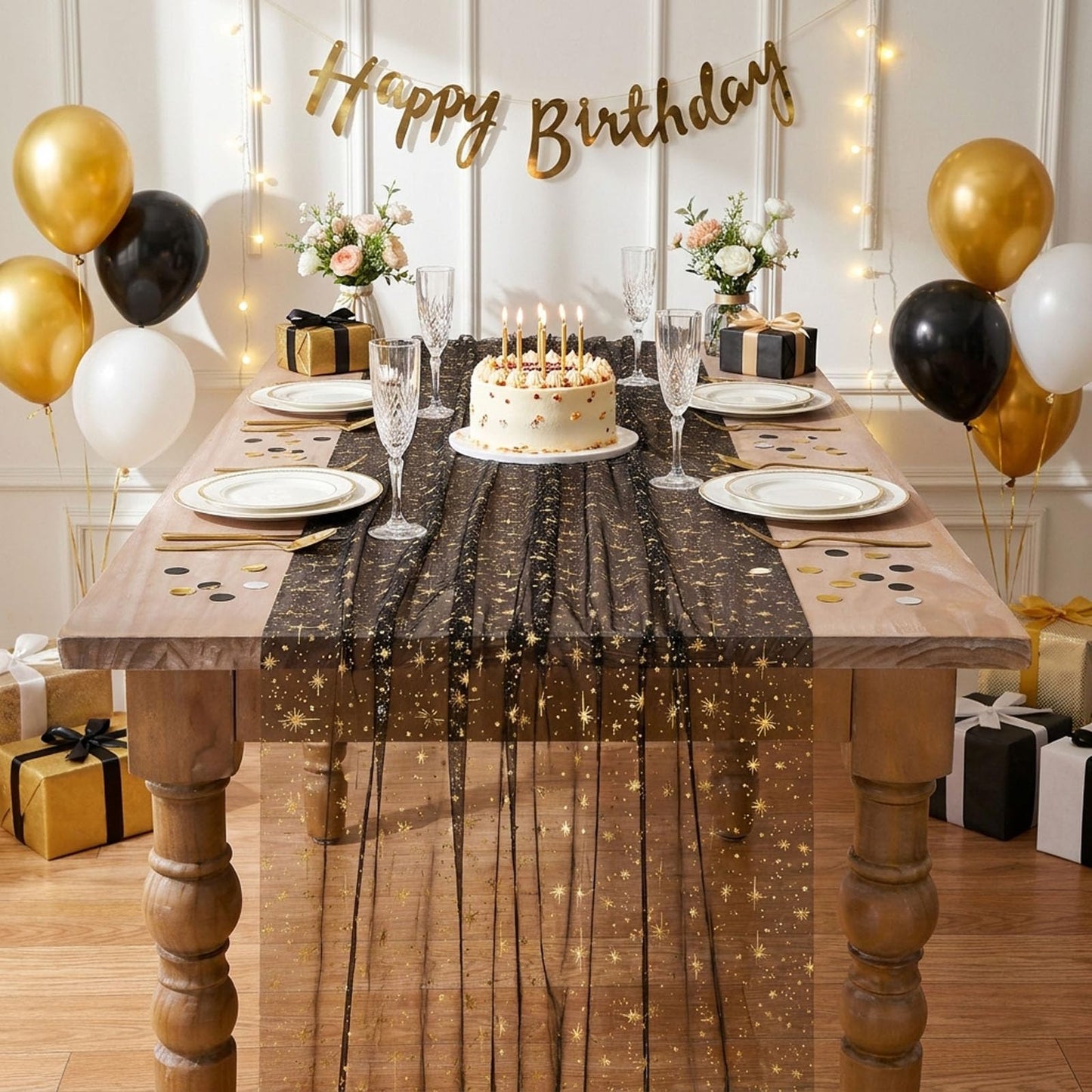 Black Gold Gauze Table Runner Centerpieces: Sparkling Gold Star 10ft Rectangular 3pcs Sequin Metallic Foil Sheer Tulle Cheesecloth for Seasonal Wedding Baby Shower Party