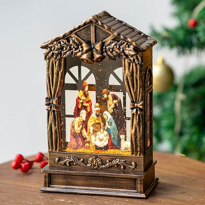 Three Kings Three Saints Window Christmas Snow Globe Swirling Glittering Nativity Figurines Manger Scene, USB Lined/Battery Operated Lighted Water Lantern for Christmas Festival Decoration Gifts