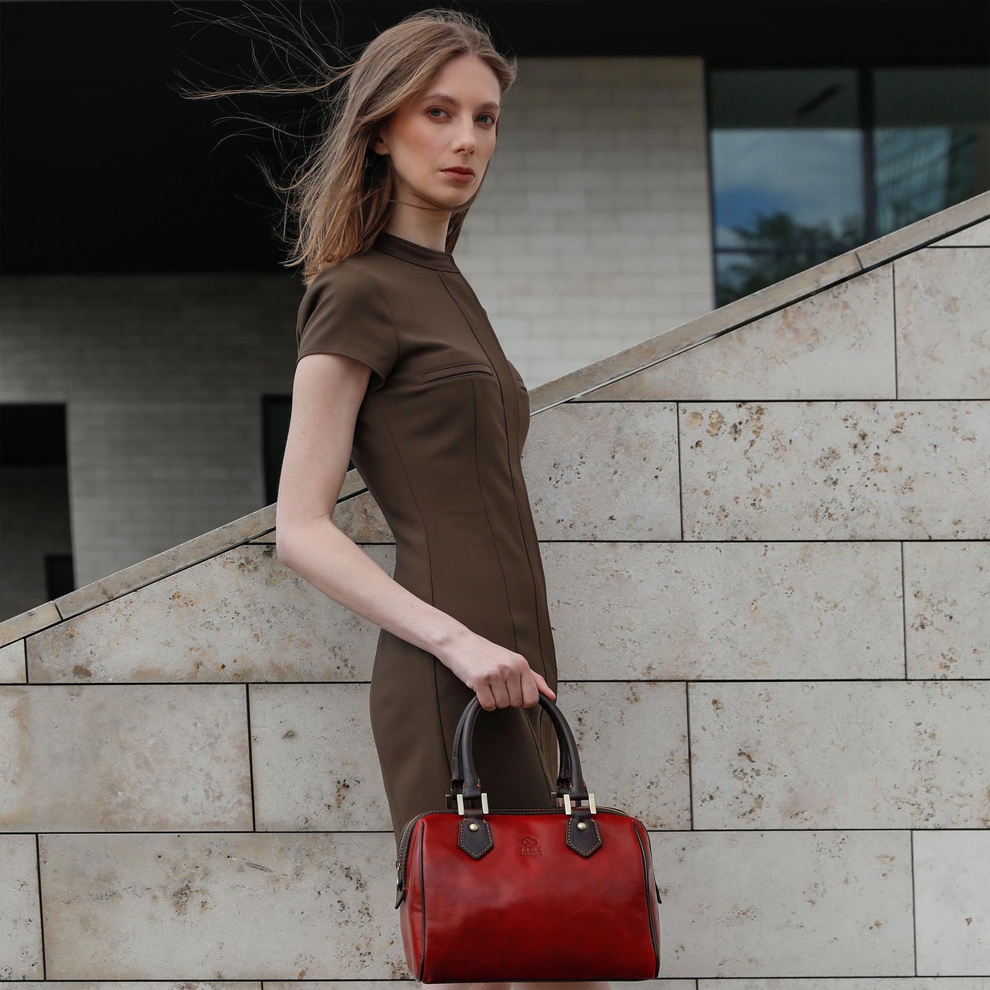 Time Resistance Leather Handbag - Full-Grain Leather Purse for Women - Top Handle Bag - Tote Bag (Red)