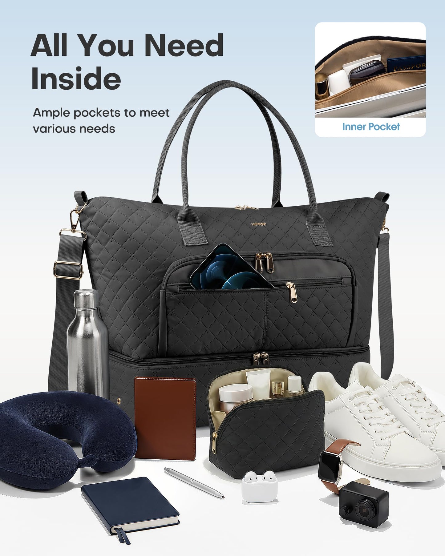 HOTOR Travel Duffle Bag for Women - Carry on Bag with Toiletry Pouch & Shoe Compartment, Large Overnight Weekender Bags for Gym, Business Trips, Sports and Hospital, Black, 17.3" x 7.9" x 13.4"