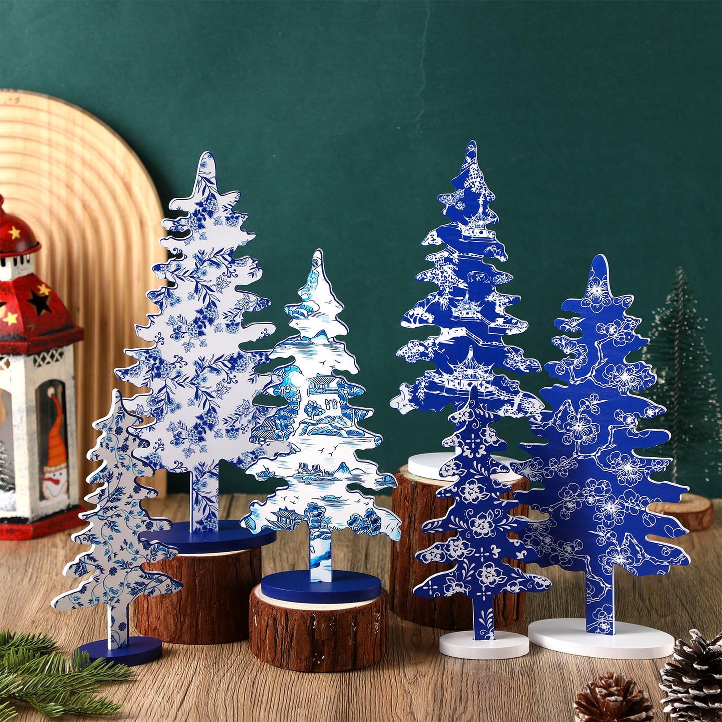 Kigley 6 Pcs Porcelain Christmas Tree Sign Table Decor 6" 8" 10.5" Blue White Xmas Tree Tabletop Christmas Tiered Tray Centerpieces Xmas Gift for Home Mantel Shelf Office Party Windowsill Decoration