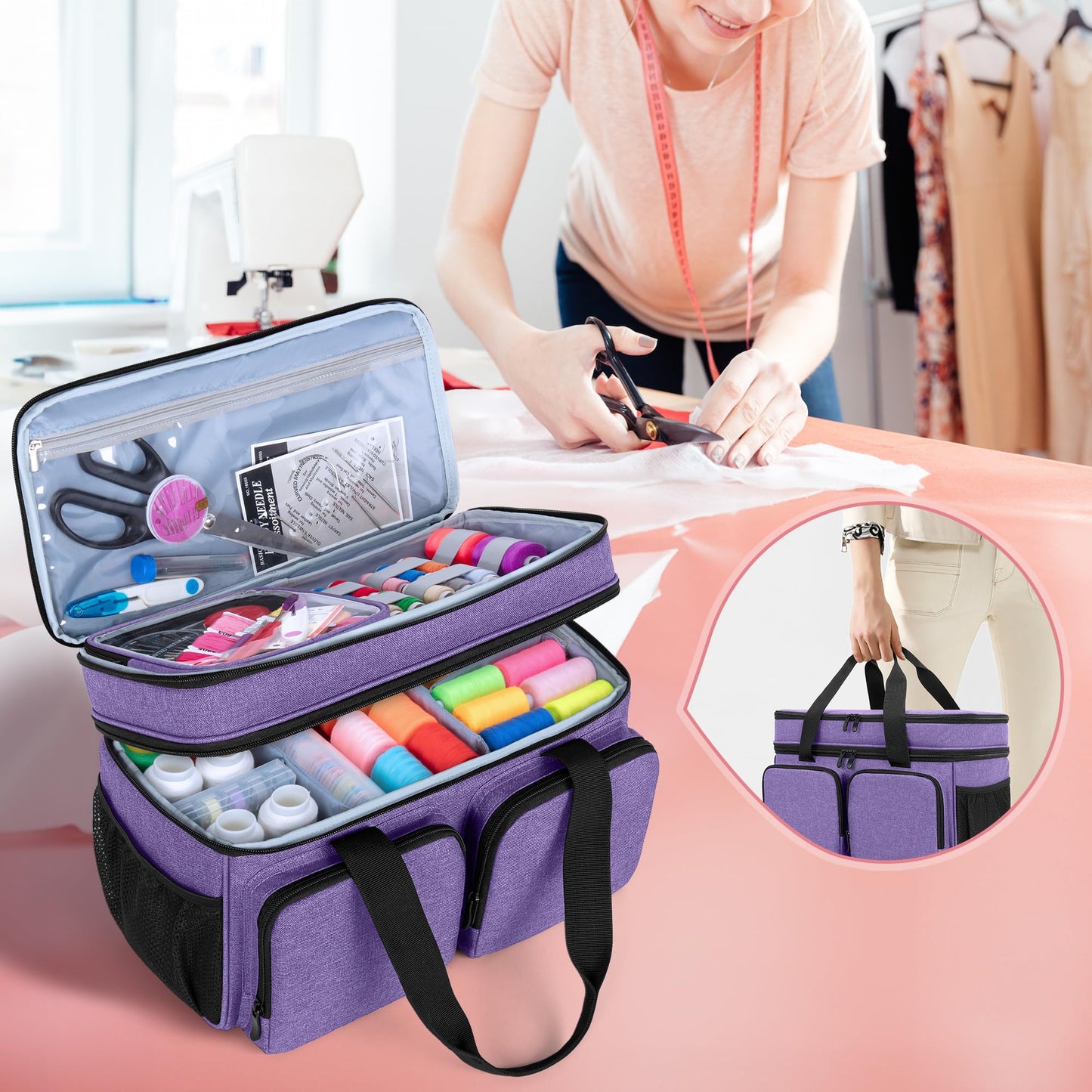 BAFASO Large Sewing Organizer Bag with an Individual Pouch and Detachable Dividers, 2 Layers Sewing Storage Bag for Sewing Supplies(Bag Only), Purple