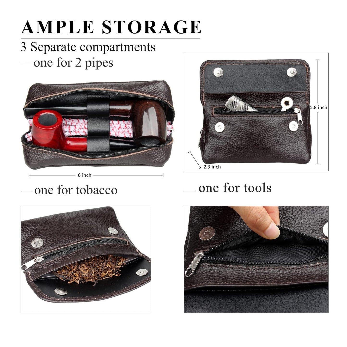 Genuine Leather Smoking Tobacco Pipe Pouch Case Bag for 2 Pipes Tamper Filter Tool Cleaner Preserve Freshness (Brown)