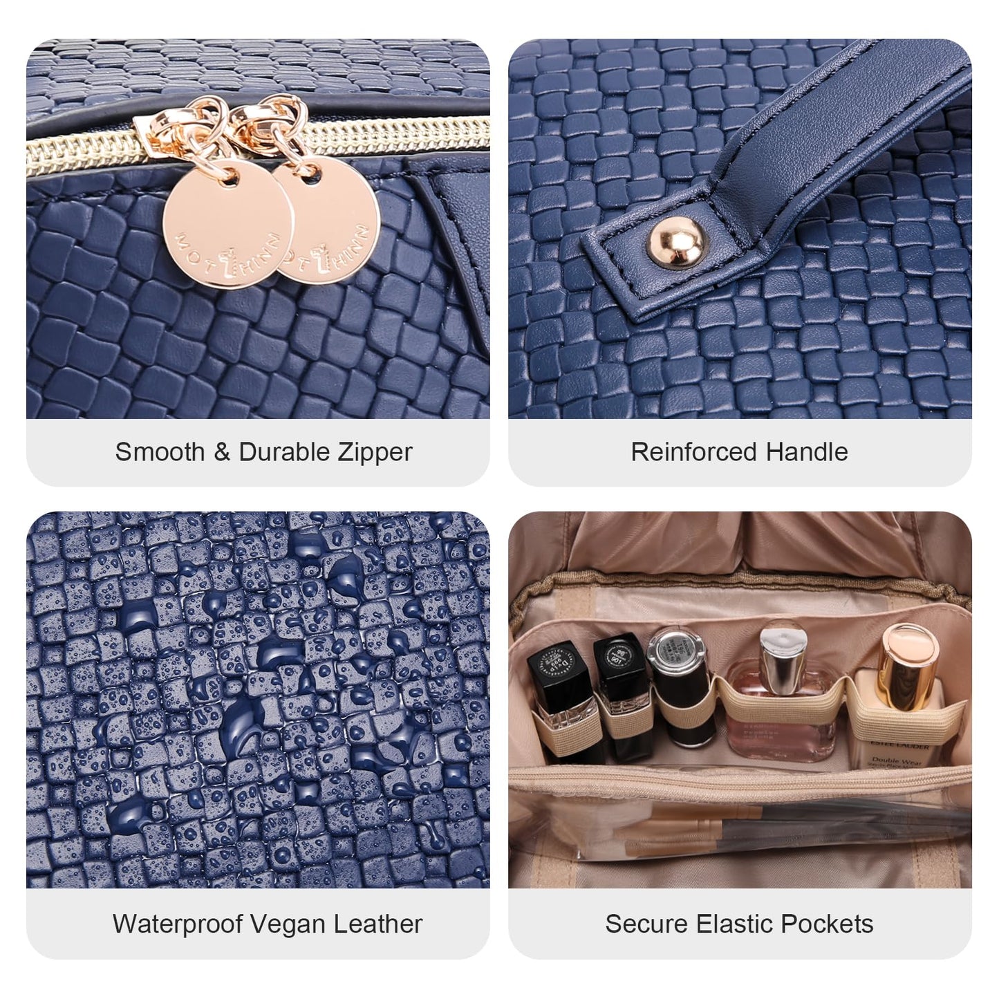 Travel Makeup Bag for Women: 3 Pcs Set Cosmetic Bags for Women - Large Capacity Vagen Leather Hand-made for Toiletry Organizer - Waterproof Ladies Travel Flat Open Essentials for Luxury (03Blue)