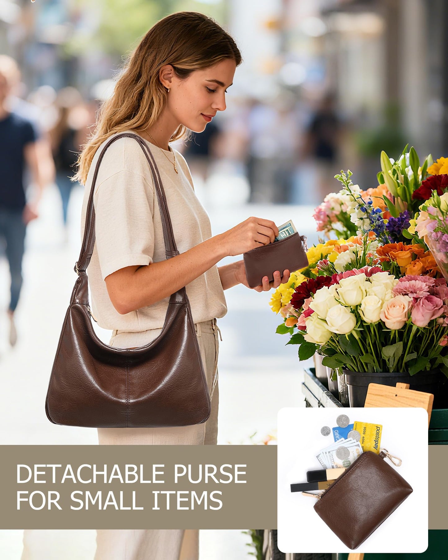 Hobo Bag for Women with Mini Purse Soft Vegan Leather Slouchy Shoulder Crossbody Handbag Tote