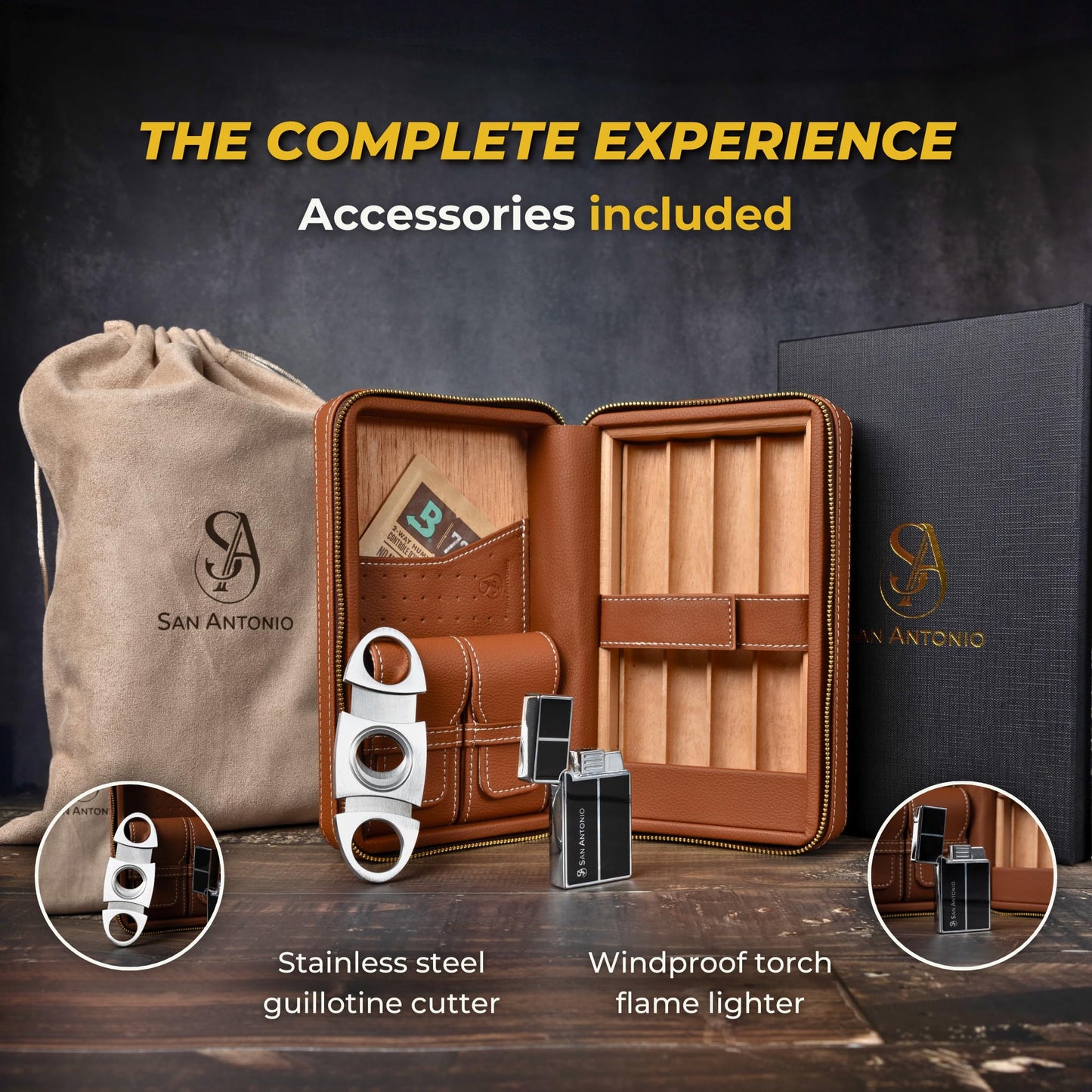 San Antonio Leather Cigar Case Travel Humidor with Cigar Lighter and Cutter