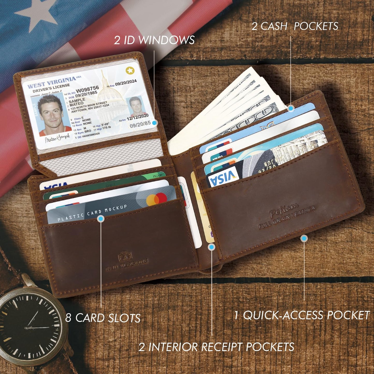 Pefiam Full Grain Leather Wallet for Men, RFID Blocking, Mens Wallet Bifold with 2 ID Windows, Billfold with 13 Card Slots, Leather Gift for Men, American Flag Wallet Dark Brown