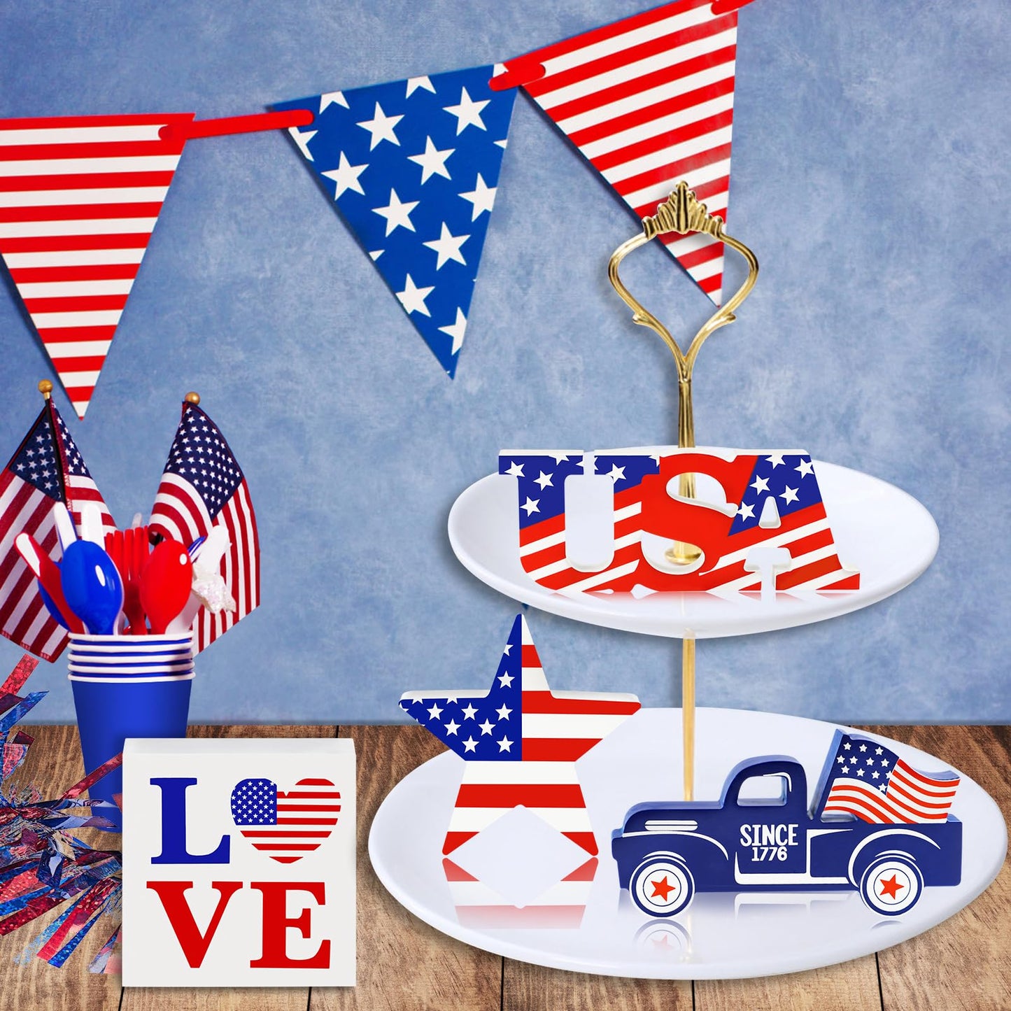 4th of July Decor Patriotic Decorations 4Pcs Wooden Star USA LOVE Car Sign Fourth of July Table Decorations Memorial Day Red White and Blue Decor