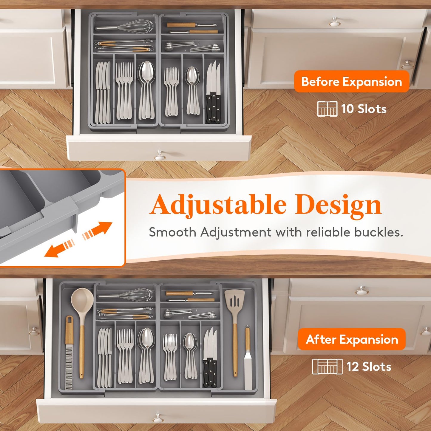 Lifewit Large Silverware Drawer Organizer, Expandable From 21 to 36 Inches, BPA Free Plastic Utensil Tray for Kitchen, Adjustable Flatware and Cutlery Holder for Spoons Forks Knives, Black