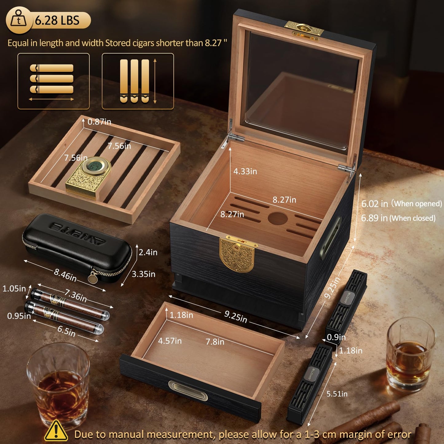 AWOTE Cigar Humidor with Digital Hygrometer and 2 Humidifiers, Cedar Wood Cigar Humidor Box with Drawer, Travel Cigar Case and Cigar Tubes, Desktop Humidor Box Gifts Cigar Accessories (Black)