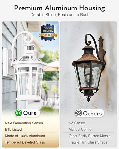 Motion Sensor Outdoor Wall Lantern, White Outdoor Lighting Fixtures Wall Mount, Dusk to Dawn Exterior Sconce Lights with Beveled Glass, Waterproof Exterior Front Porch Lights for Garage, Coach