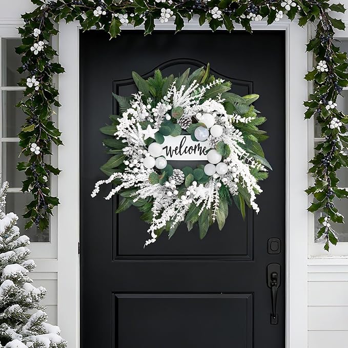 Winter Wreaths for Front Door 24 Inch Christmas & Winter Door Wreath with White Balls and Silver Berries, Festive Holiday Decor for Indoor and Outdoor, Seasonal Winter Home Decoration