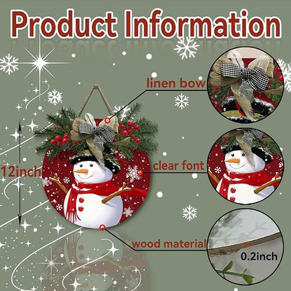 Snowman Door Sign Winter Cardinal Bird Poinsettia Hanging Sign with Wreath and Bow Xmas Snowflake Pines Holly Berry Round Wooden Front Door Sign for Seasonal Farmhouse Decor 12x12 Inch