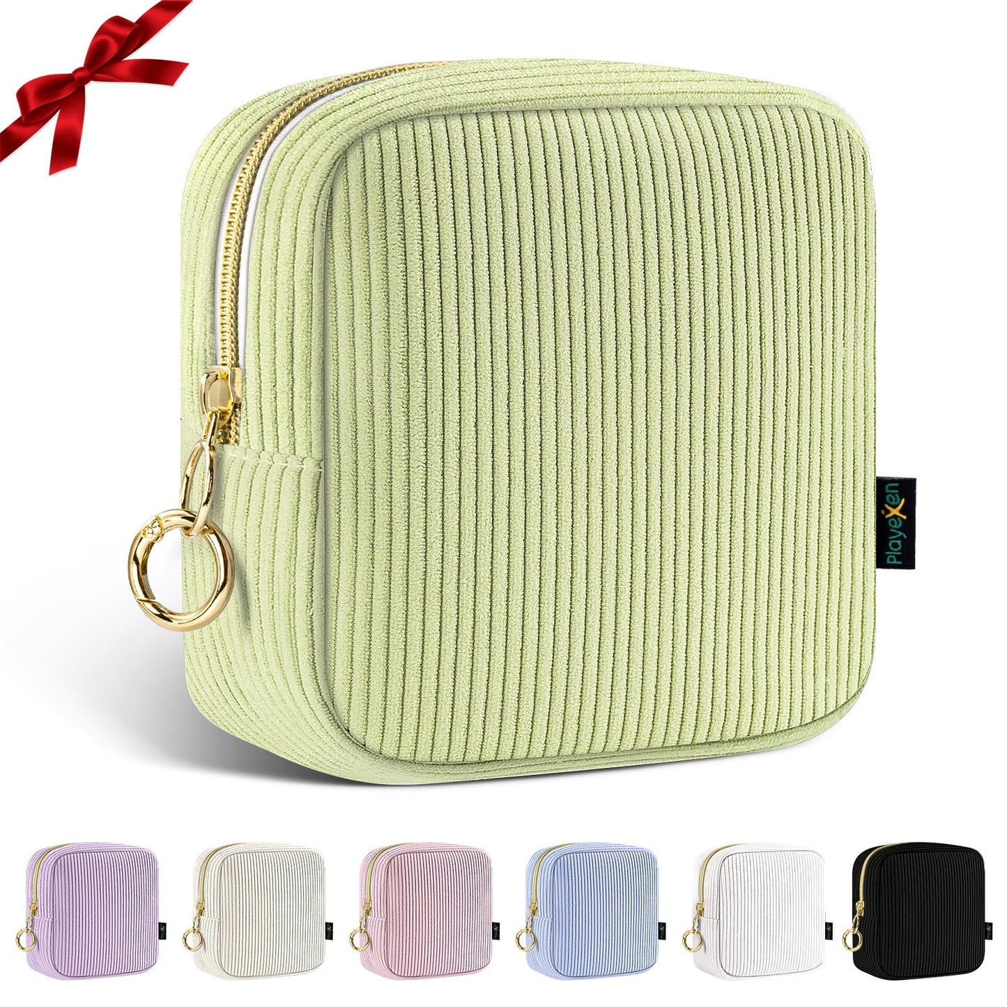 Playexen 5.5" Small Makeup Bag, Corduroy Small Cosmetics Bag for Purse, Portable Mini Travel Makeup Pouch with Ring Buckle & 2 Inner Pockets for Women (Green)