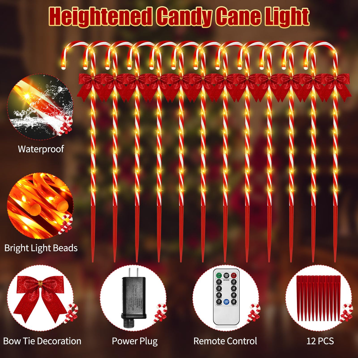 Christmas Candy Cane Pathway Lights, 12PCS 120 LED Christmas Lights Outdoor Decorations with Red Bow Waterproof, 8 Modes Timer Remote Christmas Walkway Light for Xmas Home Yard Lawn Patio Decor