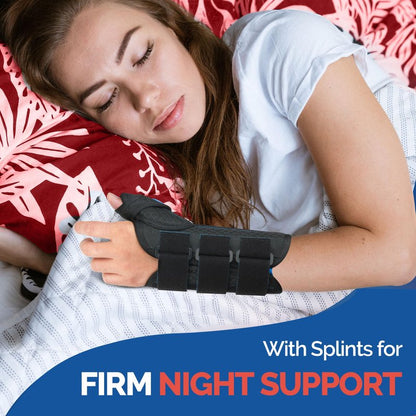 FEATOL Carpal Tunnel Wrist Brace Night Support, Thumb Spica Splint Right Hand for De Quervains Tenosynovitis, Tendonitis, Thumb Brace for Women Men, Black Blue, Small/Medium