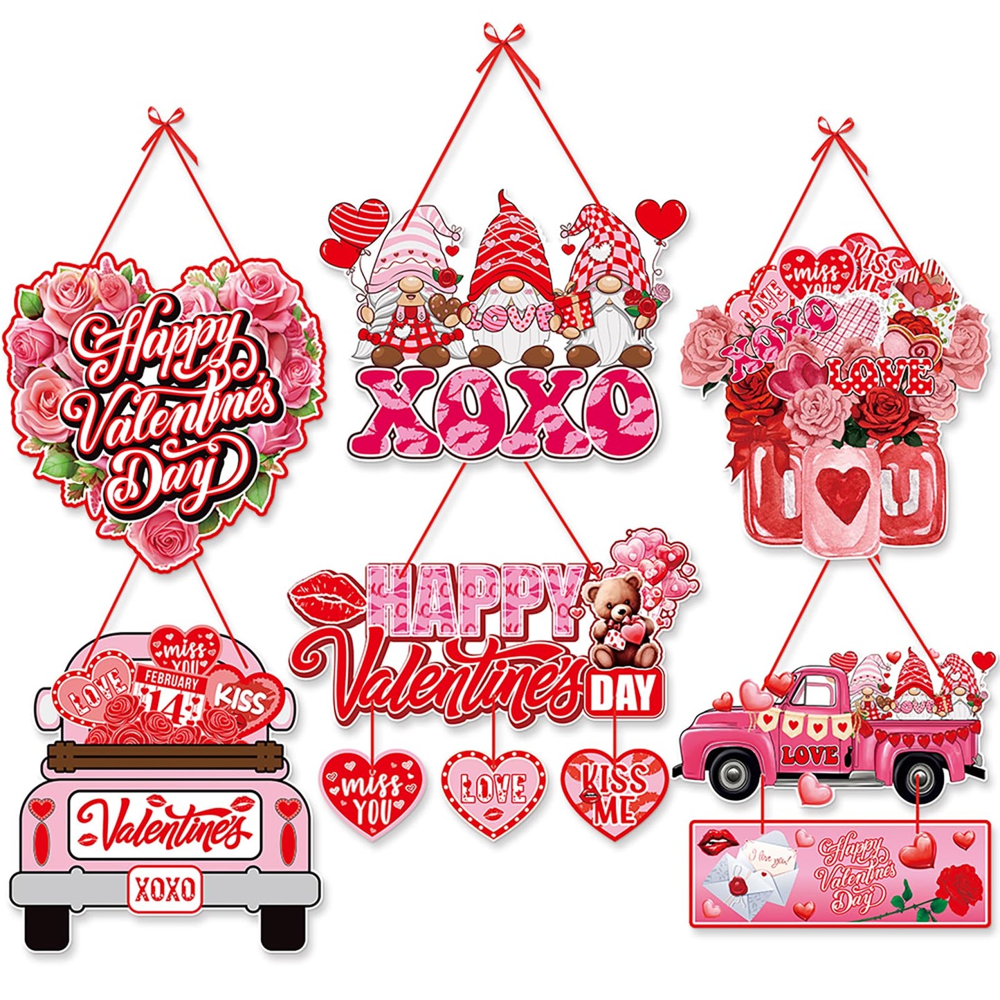 Pink-Red Valentines-Day Front-Porch Door Hanger-Decor - 6pcs Love Romantic Special Night Galentines Party Paper Signs Banners,Engagement Wedding Anniversary Wall Hanging Decorations Lasting Surprise