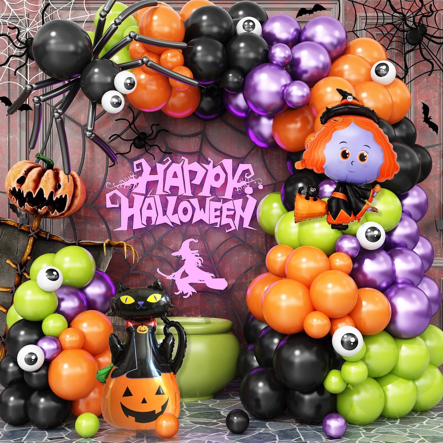 Halloween Balloons Arch Black Orange Purple Green Balloons Garland Witch Cat Foil Spider Balloon Pumpkin Birthday Decorations Metallic Purple Lime Green Latex Helium Balloon Set for Party Supplies